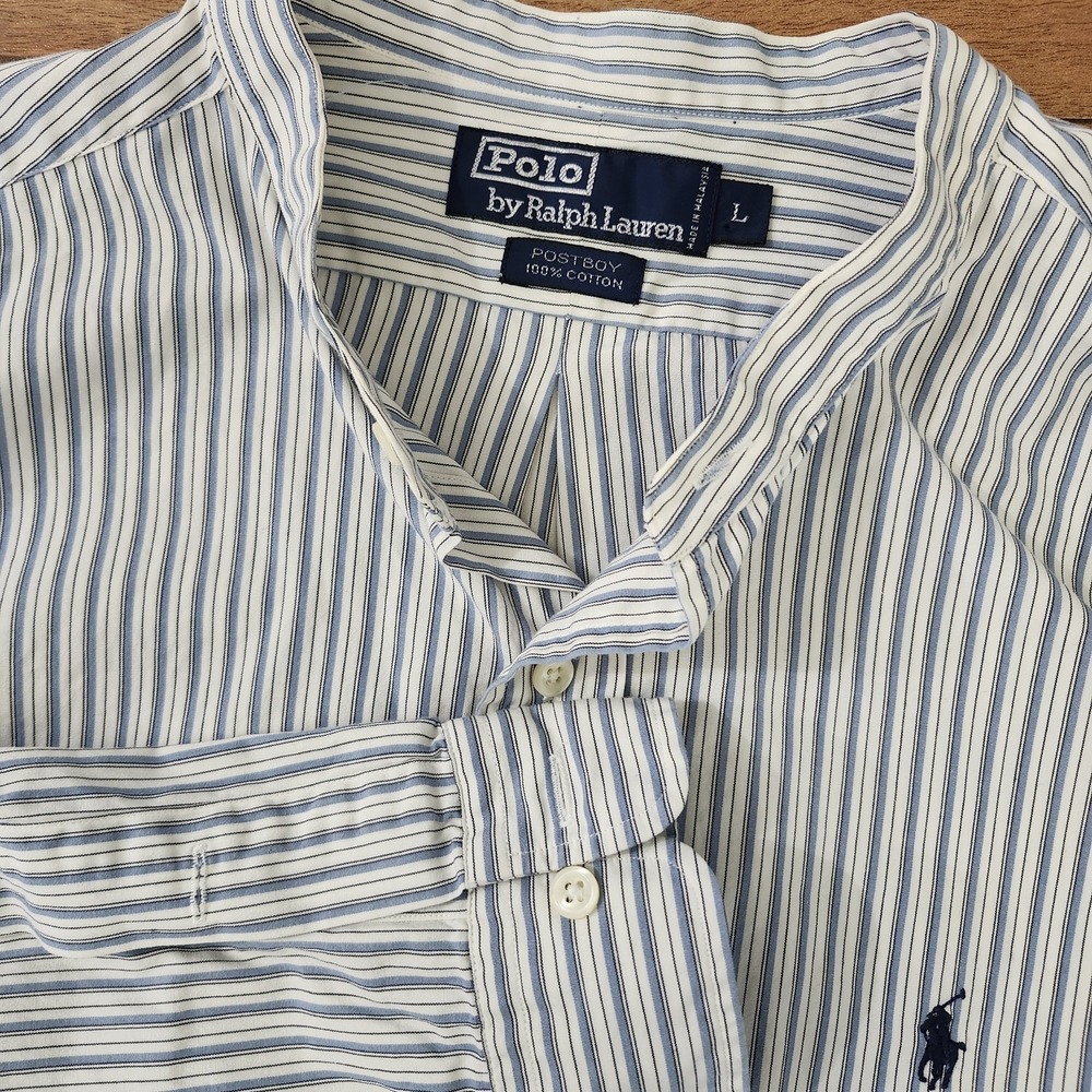 Polo Ralph Lauren Shirt Blue Striped Large Long Sleeve Band Collar Postboy